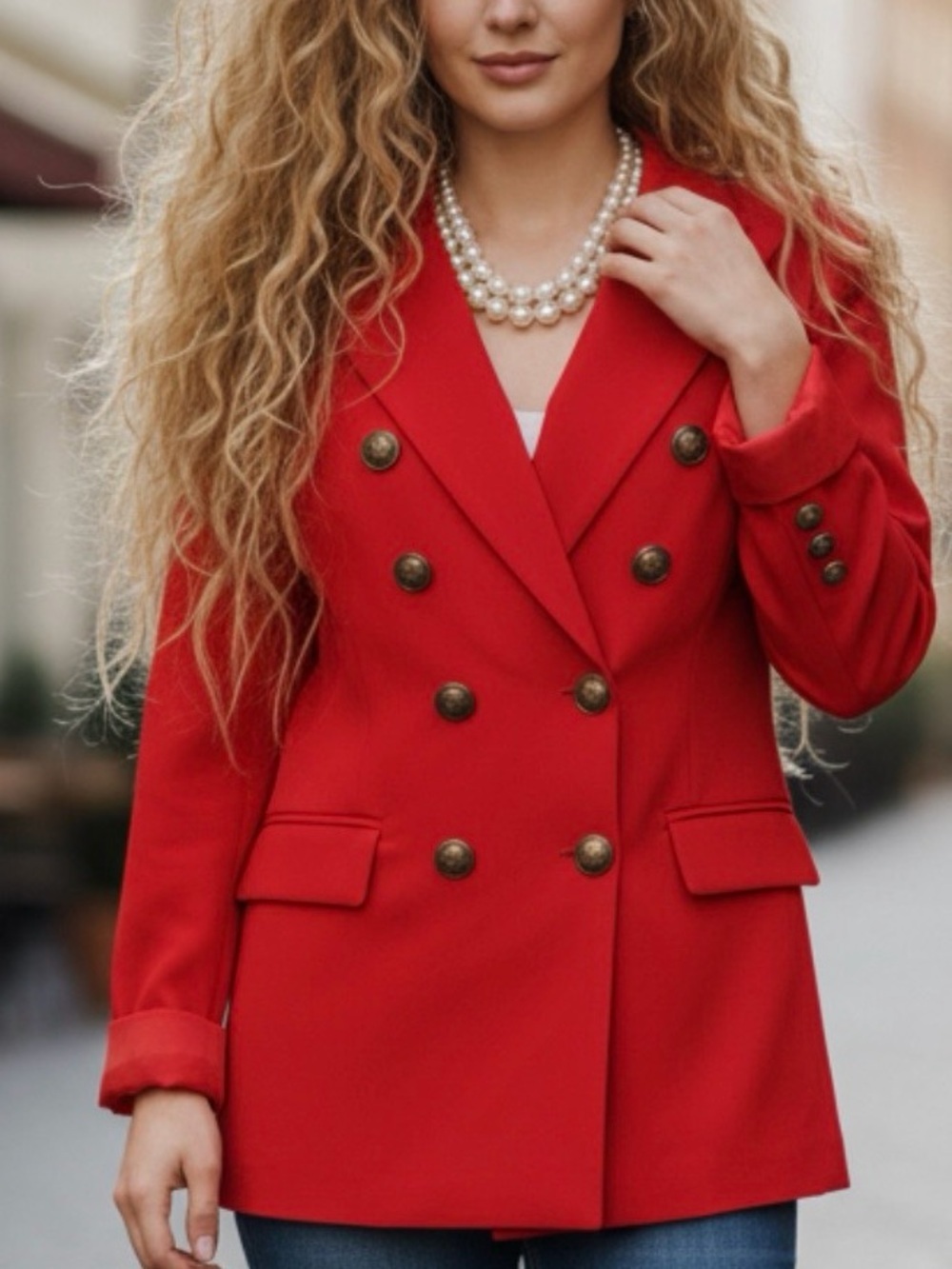NWT-STYLEWE Red Double-Breasted Blazer with Gold Buttons